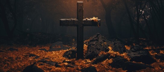  a cross sitting in the middle of a forest with a light coming from the top of it on a foggy day.