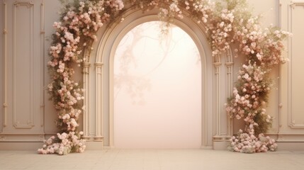 Fototapeta na wymiar a large arch with a bunch of flowers growing out of it in front of a white wall with a white floor and a doorway with a light coming through it. generative ai