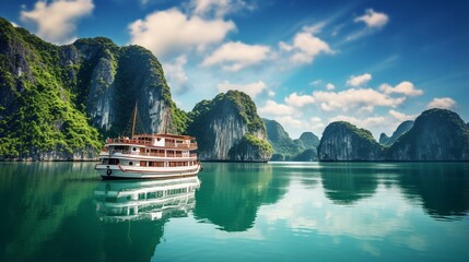 At Ha Long Bay, a beautiful tourist cruise ship floats among the limestone rocks. It is a stunning natural wonder in northern Vietnam and a UNESCO World Heritage Site. - obrazy, fototapety, plakaty