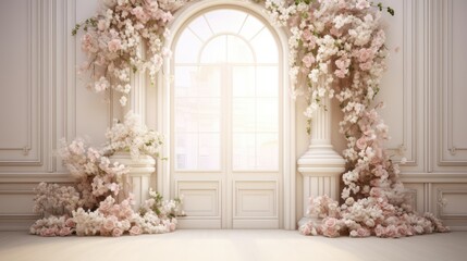  a white room with a large window and a bunch of flowers on the side of the room and a bunch of pink and white flowers on the side of the wall.  generative ai