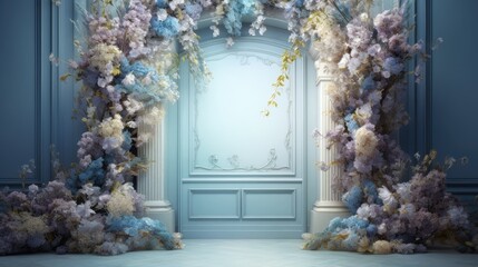  a painting of a doorway with a bunch of flowers growing out of the doorway and on the side of the door is a light blue wall with a white door.  generative ai