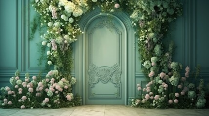 Fototapeta na wymiar a room with a green door and a bunch of flowers on the wall and a wooden floor in front of the door is a green wall with a white arch. generative ai