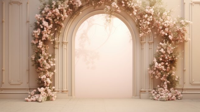  a large arch with a bunch of flowers growing out of it in front of a white wall with a white floor and a doorway with a light coming through it.  generative ai