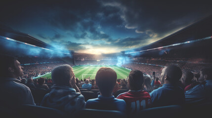 Baseball Game Stadium Dusk. Fans in the stands waiting. Banner.