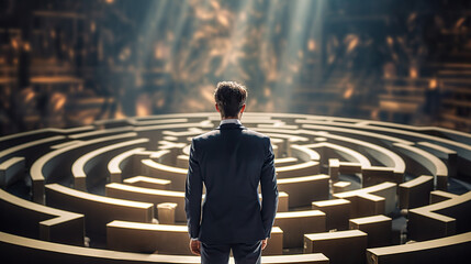 challenge business.backview business Man facing labyrinth challenge in maze businessman in labyrinth - obrazy, fototapety, plakaty