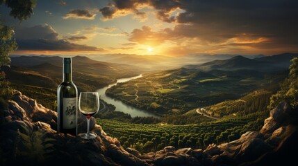 Winery Landscape: Illustration of a bottle of wine reflecting a sprawling vineyard.