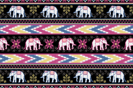 Traditional Thai Elephant Pixel Art Ethnic Pattern.  Vector Seamless Pattern design for fabric, carpet, clothing, embroidery, background, and wallpaper
