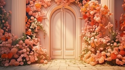  a room with a bunch of flowers on the wall and a door to another room with a lot of flowers on the wall and a door to the other side of the room.  generative ai