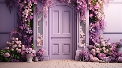  a purple door with a bunch of flowers on the side of it and a bench in front of it with a vase of flowers on the side of the door.  generative ai