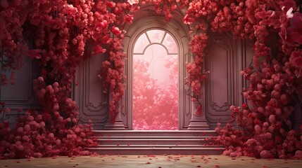  a room filled with lots of red flowers next to a doorway with a light at the end of the room and a set of steps leading to a doorway that leads to another room.  generative ai