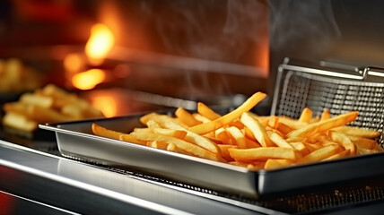 French fries cooking. Grid with strips hop potato in boiling oil. Concept of fast food