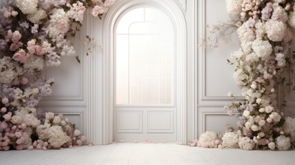  a white room with a bunch of flowers on the wall and a large window in the center of the room with a white carpet on the floor and white wall.  generative ai