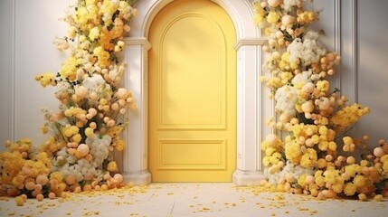  a room with a yellow door and a bunch of flowers on the floor and a bunch of yellow and white flowers on the floor and a yellow door in the background.  generative ai