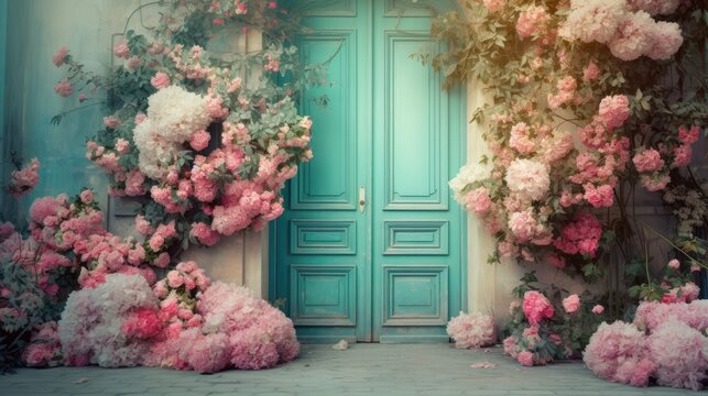  a blue door surrounded by pink flowers next to a wall of pink and white flowers on the outside of the door and in front of it is a green door.  generative ai
