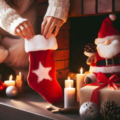 Hands Decorating house for Christmas Festival Season next to chimney with Santa Claus Socks