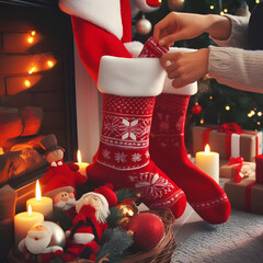 Hands Decorating house for Christmas next to chimney with Santa Claus Socks