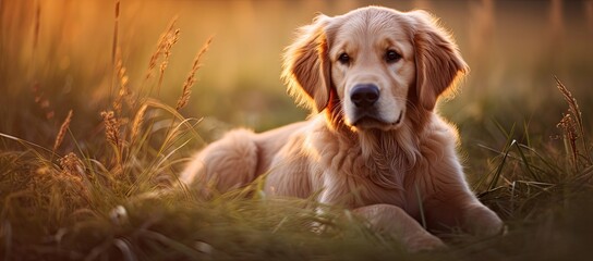 a close up of a dog laying in a field of grass with the sun shining on it's face.