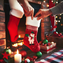 Santa Claus socks as a couple decorating home for Christmas next to the chimney