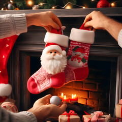 Santa Claus socks as a couple decorating home for Christmas
