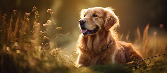  a golden retriever dog sitting in a field of tall grass with his tongue hanging out and his eyes closed.