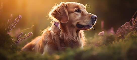  a close up of a dog in a field of flowers with the sun shining on the dog's face.
