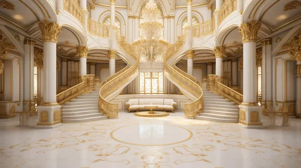 Fotobehang Light luxury royal posh interior in baroque style. White hall with expensive oldstyle furniture. © Adin