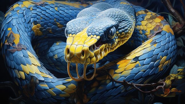  a painting of a blue and yellow snake with it's head in the middle of the snake's body, with it's mouth open wide open.  generative ai