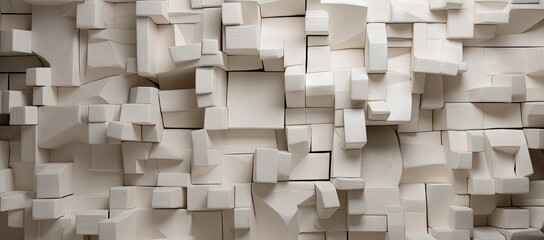  a close up of a wall made of blocks of varying sizes and shapes with a black and white clock in the middle of the wall.