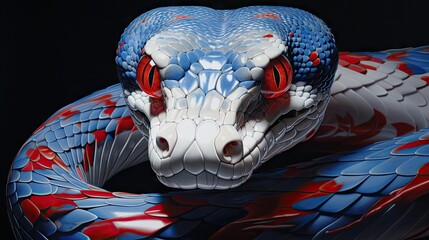 a close up of a snake's head with red, white, and blue stripes on it's body and head, with its tongue out, on a black background.  generative ai