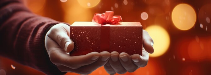  a person's hand holding a red gift box with a red ribbon and a red bow on top of it. - obrazy, fototapety, plakaty