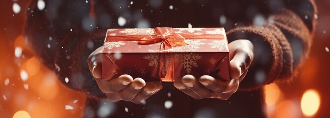  a person holding a red gift box with a red bow on top of it in front of a snow covered background. - obrazy, fototapety, plakaty