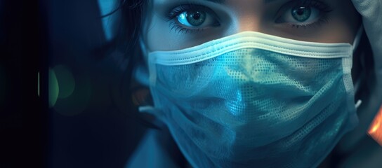  a close up of a person wearing a surgical mask and looking at the camera with a surprised look on their face. - obrazy, fototapety, plakaty