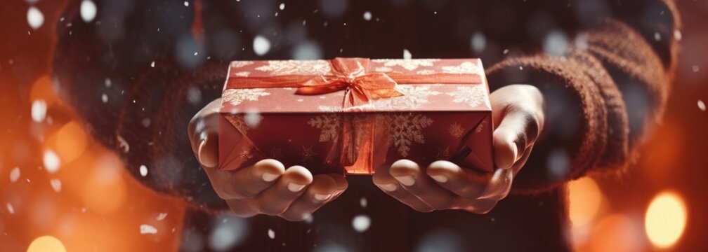  A Person Holding A Red Gift Box With A Red Bow On Top Of It In Front Of A Snow Covered Background.