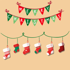 Merry christmas card background with christmas stockings hanging