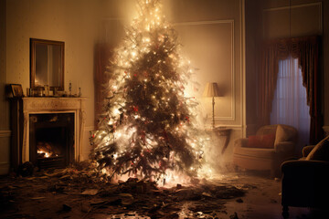 burning christmas tree in a living room - obrazy, fototapety, plakaty
