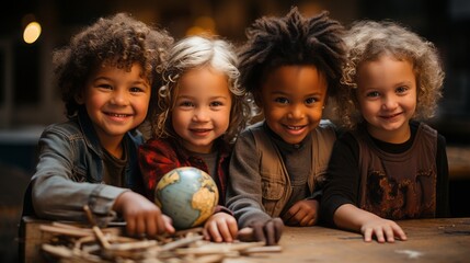 Children of the World: A classroom with children from diverse ethnic backgrounds all engaged in a cooperative activity. - obrazy, fototapety, plakaty