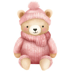 Pink Christmas Bear, Cute Watercolor Illustration for Holiday