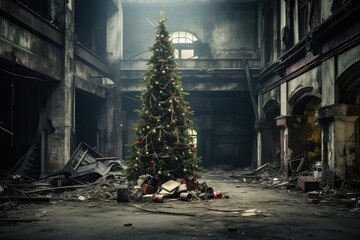 christmas tree in a dirty destroyed building
