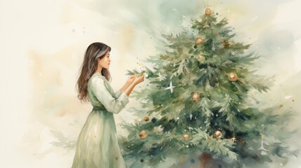  a watercolor painting of a young girl decorating a christmas tree with a star ornament on the top and a star ornament on the bottom of the tree.  generative ai