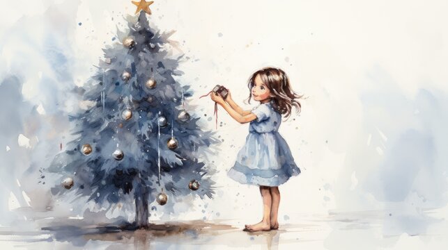  a watercolor painting of a little girl decorating a christmas tree with a star ornament hanging from the top of the tree and a star on the top of the tree.  generative ai