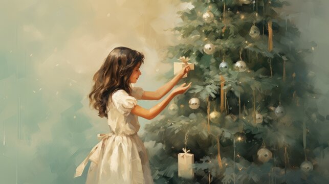  a painting of a little girl decorating a christmas tree with a cup of coffee in front of a christmas tree with a lit candle in the corner of the picture.  generative ai