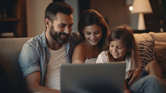 family concept mom dad and child girl stay together using laptop searching booking hotel reservation for new travel trip at home