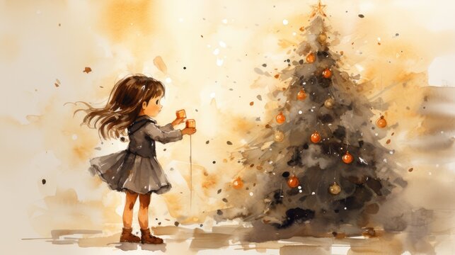  a watercolor painting of a little girl standing in front of a christmas tree with an orange ornament hanging from the top of the top of the tree.  generative ai
