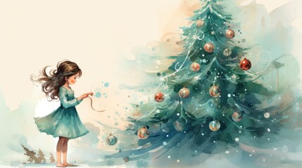  a painting of a little girl standing next to a christmas tree with ornaments hanging off of it's sides and a dog on the other side of the tree.  generative ai