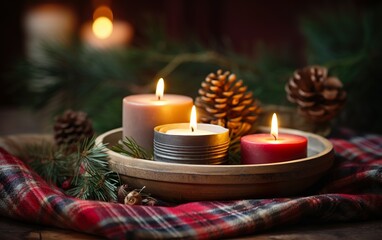 Fototapeta na wymiar Burning candles and christmas decorations on wooden table