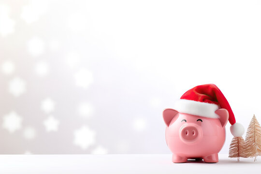 pink piggy bank with Santa hat and copy space