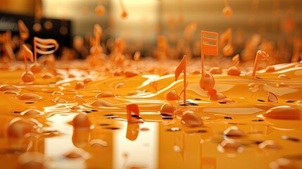  a group of musical notes floating on top of a puddle of orange liquid with a flag sticking out of the middle of the stream of the stream of orange liquid.  generative ai