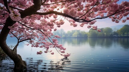 Cherry Blossom Trees in the middle of the Lake Landscape Photography