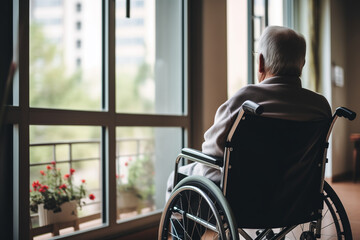 Back view Lonely sad elderly person in wheelchair in home nursing looking out window