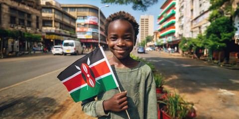 African Kenyan boy holding Kenya's flag in Nairobi street